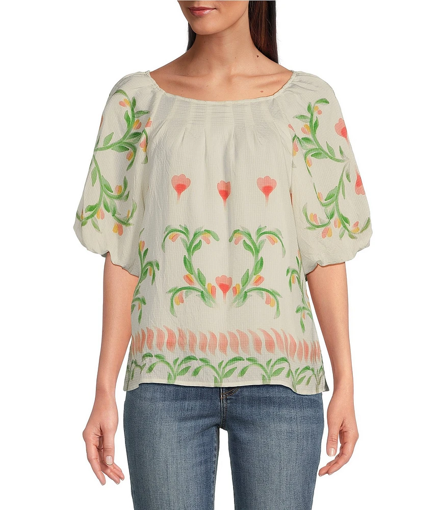 Tru Luxe Jeans Placed Floral Print Round Neck Short Sleeve Popover Top