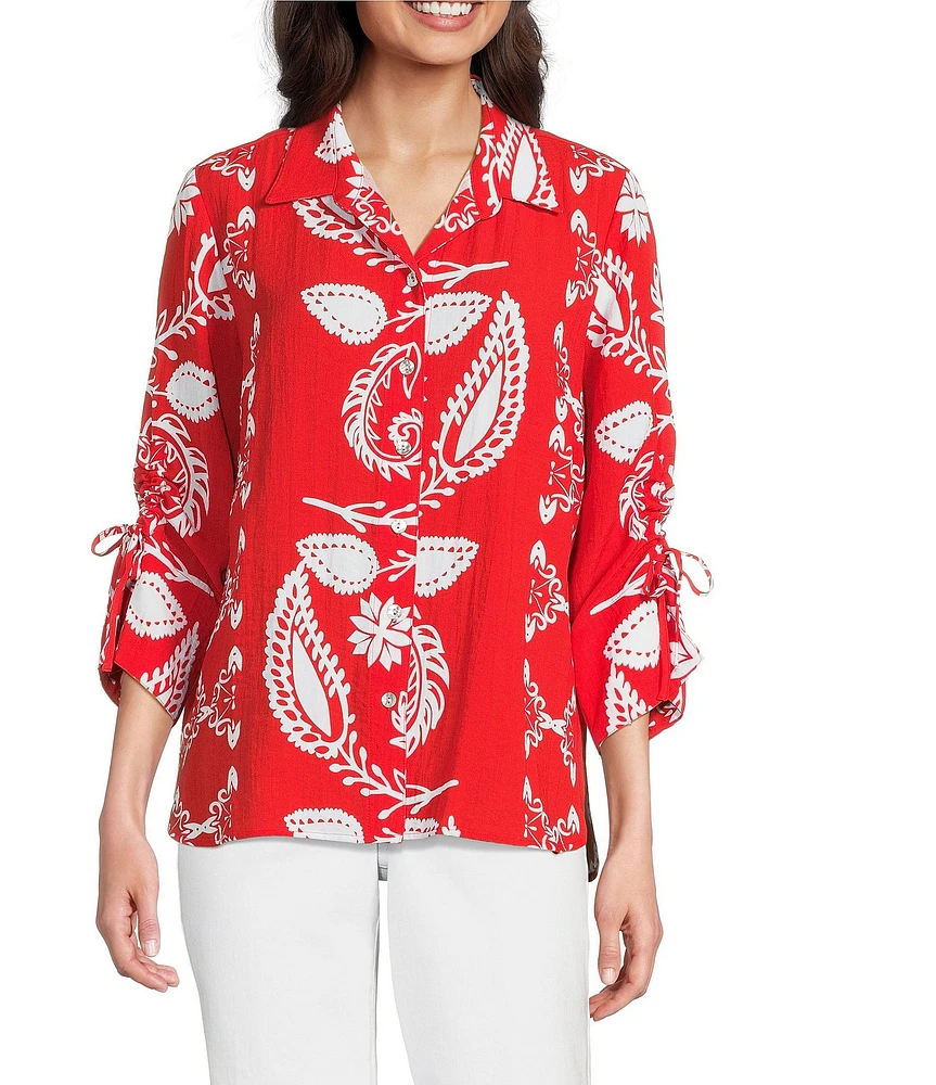 Tru Luxe Jeans Placed Print Point Collar 3/4 Ruched Sleeve Button Front Tunic