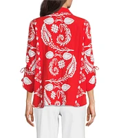 Tru Luxe Jeans Placed Print Point Collar 3/4 Ruched Sleeve Button Front Tunic