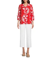 Tru Luxe Jeans Placed Print Point Collar 3/4 Ruched Sleeve Button Front Tunic