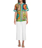 Tru Luxe Jeans Point Collar Short Sleeve Crinkle Print Shirt