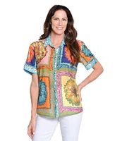 Tru Luxe Jeans Point Collar Short Sleeve Crinkle Print Shirt
