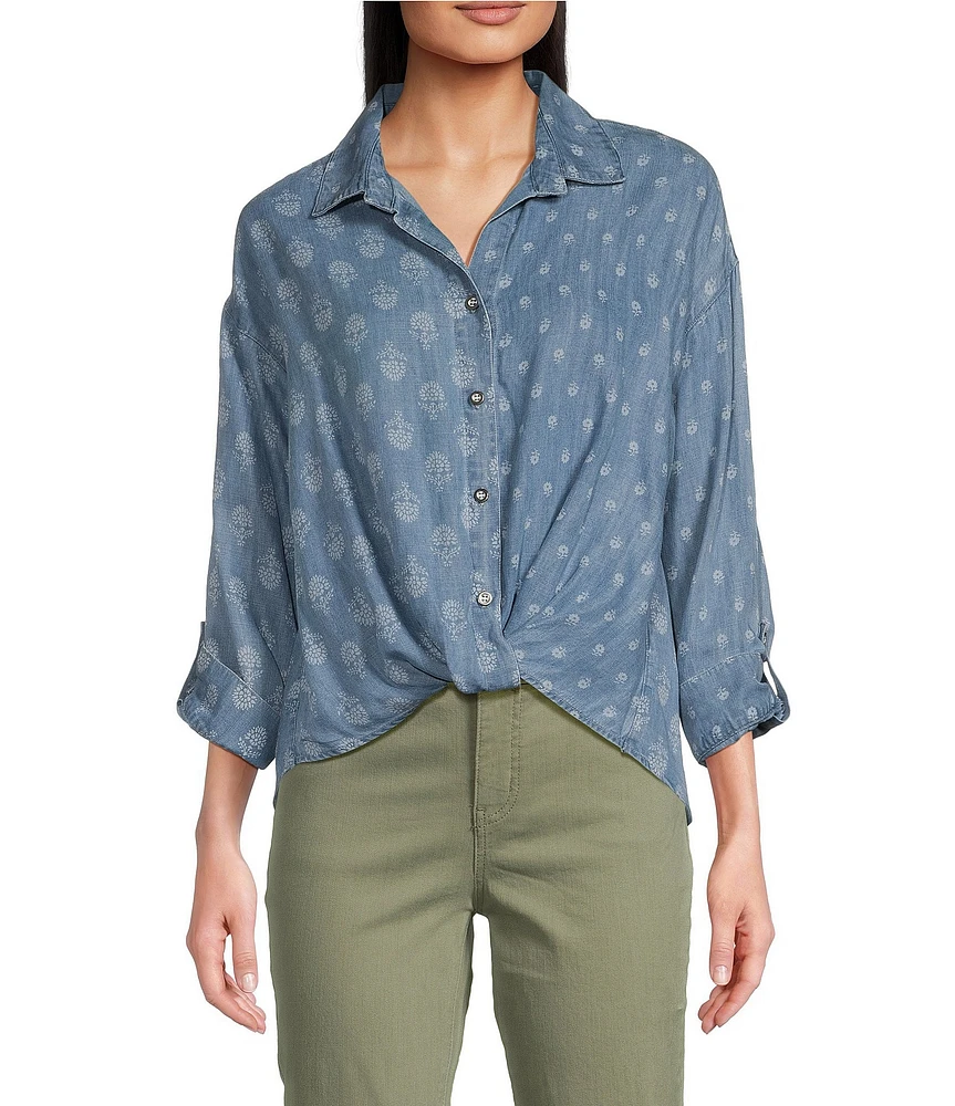 Tru Luxe Jeans Printed Chambray Point Collar Long Sleeve Twist Front Shirt