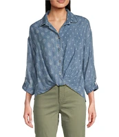 Tru Luxe Jeans Printed Chambray Point Collar Long Sleeve Twist Front Shirt