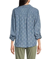 Tru Luxe Jeans Printed Chambray Point Collar Long Sleeve Twist Front Shirt