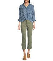 Tru Luxe Jeans Printed Chambray Point Collar Long Sleeve Twist Front Shirt