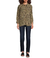 Tru Luxe Jeans Printed Crepe Collared 3/4 Sleeve Button Down Top