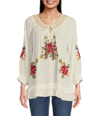 Tru Luxe Jeans Rayon Crinkle Floral Embroidered Scoop Neck 3/4 Smocked Cuff Sleeve Peasant Top