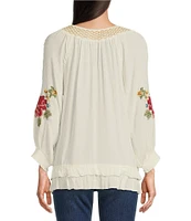 Tru Luxe Jeans Rayon Crinkle Floral Embroidered Scoop Neck 3/4 Smocked Cuff Sleeve Peasant Top