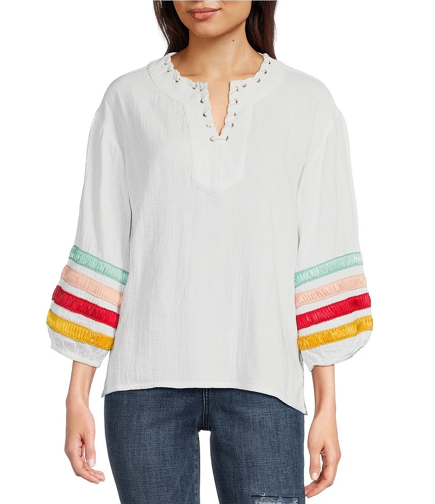 Tru Luxe Jeans Ribbon Trimmed Self-Lace Split Neck 3/4 Sleeve Top