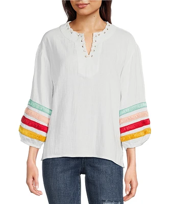 Tru Luxe Jeans Ribbon Trimmed Self-Lace Split Neck 3/4 Sleeve Top