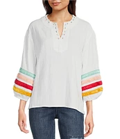 Tru Luxe Jeans Ribbon Trimmed Self-Lace Split Neck 3/4 Sleeve Top