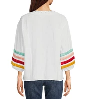 Tru Luxe Jeans Ribbon Trimmed Self-Lace Split Neck 3/4 Sleeve Top