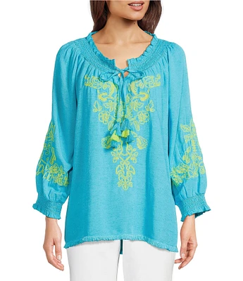 Tru Luxe Jeans Scoop Neck 3/4 Sleeve Embroidered Peasant Linen Blend Top