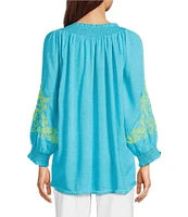 Tru Luxe Jeans Scoop Neck 3/4 Sleeve Embroidered Peasant Linen Blend Top