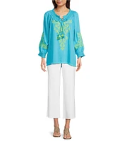 Tru Luxe Jeans Scoop Neck 3/4 Sleeve Embroidered Peasant Linen Blend Top