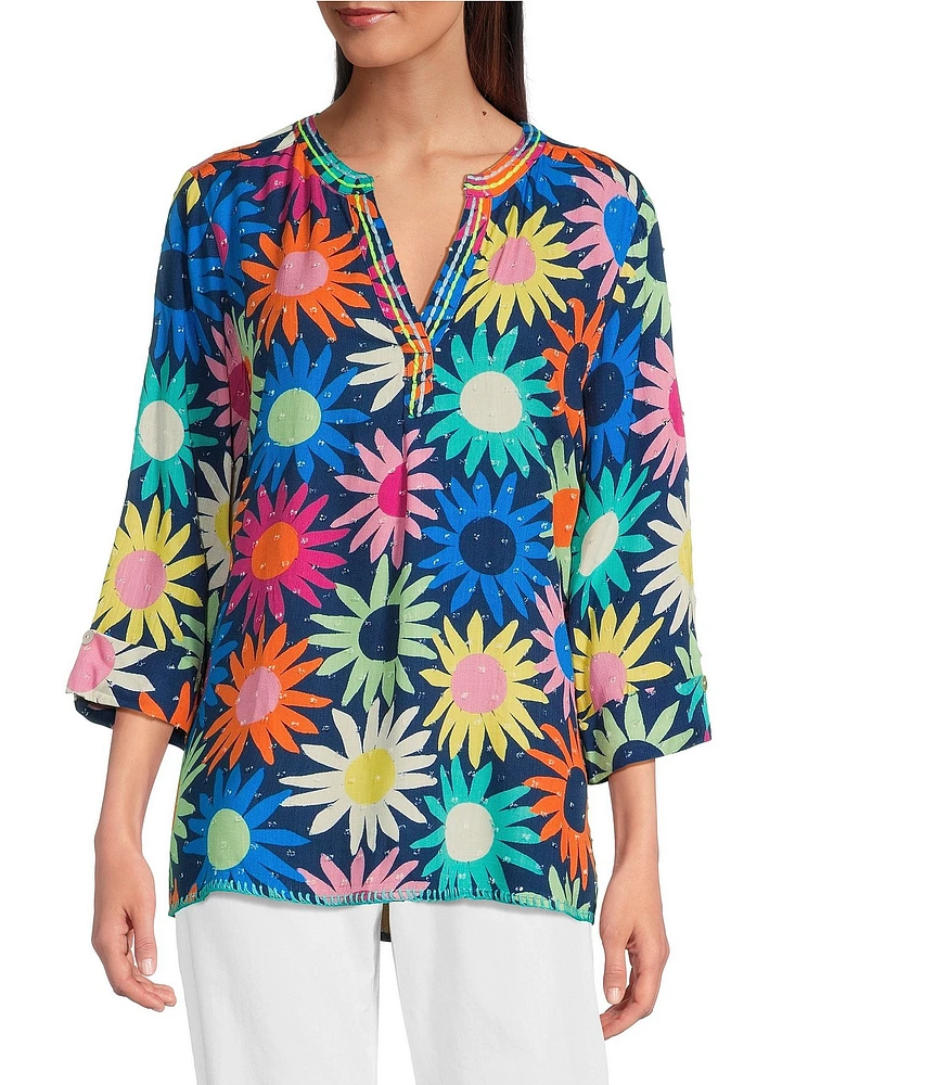 Tru Luxe Jeans Split V-Neck 3/4 Sleeve Knit Floral Print Blouse