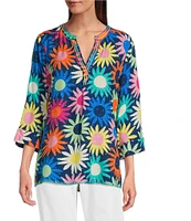 Tru Luxe Jeans Split V-Neck 3/4 Sleeve Knit Floral Print Blouse