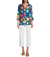 Tru Luxe Jeans Split V-Neck 3/4 Sleeve Knit Floral Print Blouse