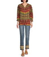 Tru Luxe Jeans Stretch Abstract Print V-Neck 3/4 Smocked Sleeve Top