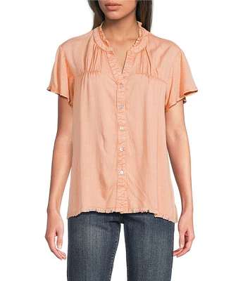 Tru Luxe Jeans Tonal Floral Split Neck Flounce Cap Sleeve Top