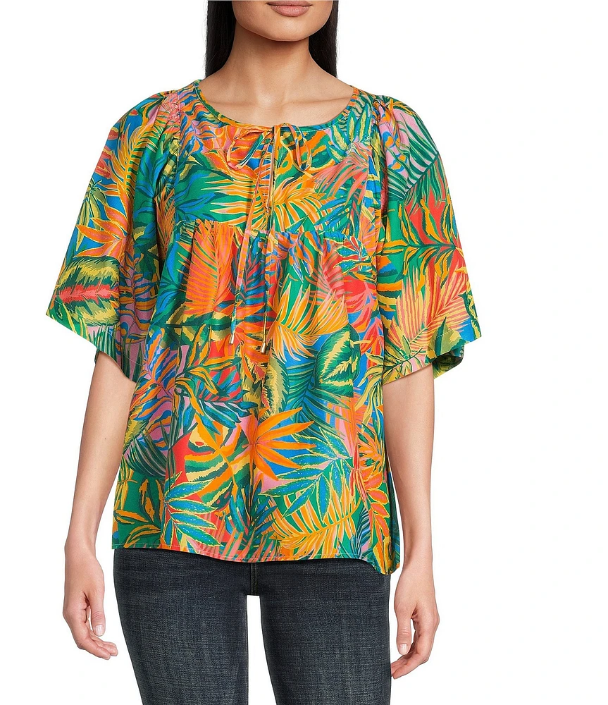Tru Luxe Jeans Tropical Print Cotton Split Neck Elbow Sleeve Top