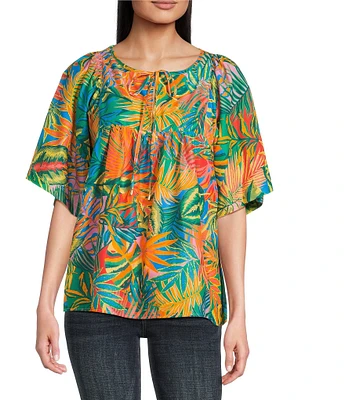 Tru Luxe Jeans Tropical Print Cotton Split Neck Elbow Sleeve Top