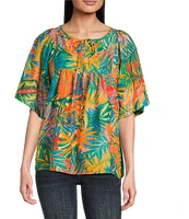 Tru Luxe Jeans Tropical Print Cotton Split Neck Elbow Sleeve Top