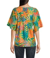 Tru Luxe Jeans Tropical Print Cotton Split Neck Elbow Sleeve Top