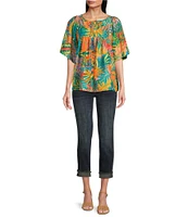 Tru Luxe Jeans Tropical Print Cotton Split Neck Elbow Sleeve Top