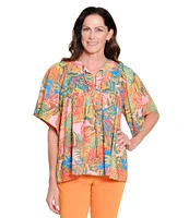 Tru Luxe Jeans Tropical Print Cotton Split Neck Elbow Sleeve Top