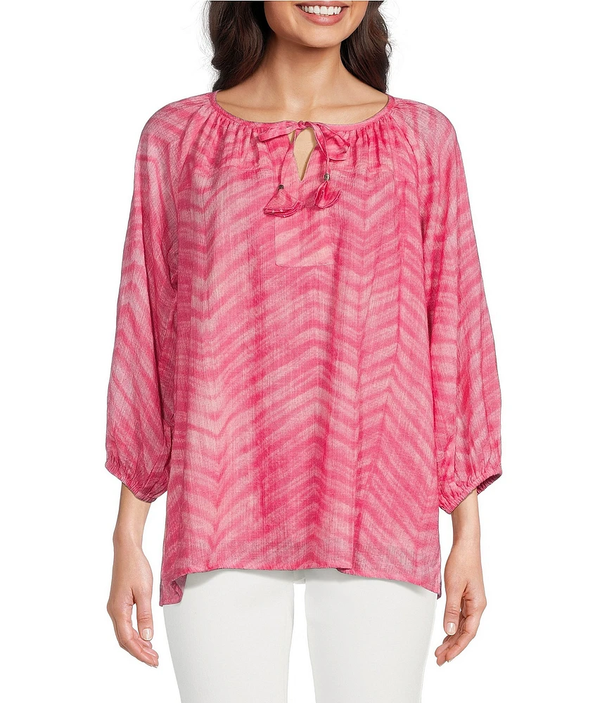 Tru Luxe Jeans Woven Chevron Print Crew Tassel Tie Neck 3/4 Sleeve Peasant Top