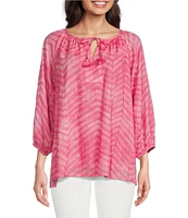 Tru Luxe Jeans Woven Chevron Print Crew Tassel Tie Neck 3/4 Sleeve Peasant Top