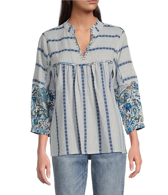 Tru Luxe Jeans Yarn Dyed Dobby 3/4 Balloon Sleeve Top