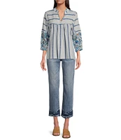 Tru Luxe Jeans Yarn Dyed Dobby 3/4 Balloon Sleeve Top