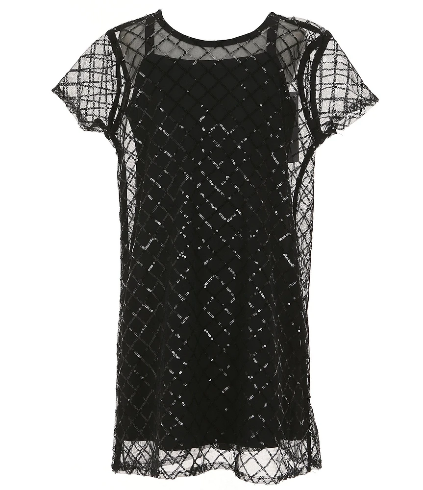 Truce Big Girls 7-16 Short Sleeve Sequin-Embellished Mesh A-Line Dress