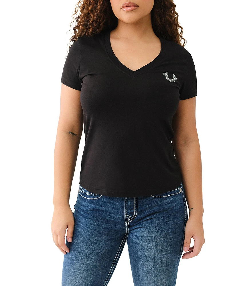 True Religion Crystal Embellishment Logo V-Neck Short Sleeve Fitted Tee