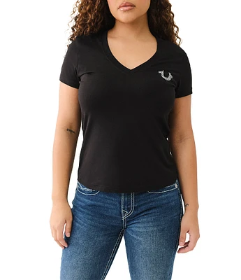 True Religion Crystal Embellishment Logo V-Neck Short Sleeve Fitted Tee