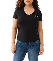 True Religion Crystal Embellishment Logo V-Neck Short Sleeve Fitted Tee