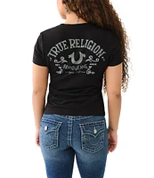 True Religion Crystal Embellishment Logo V-Neck Short Sleeve Fitted Tee