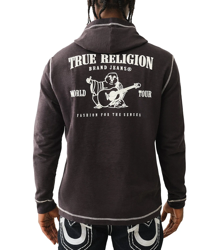 True Religion Henley Neck Long Sleeve Flat-Lock Slub Graphic Hoodie