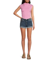 True Religion Jennie Cotton Blend Mid Rise Rolled Cuff Denim Shorts