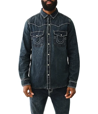 True Religion Long Sleeve Snap-Front Super-T Western Denim Shirt