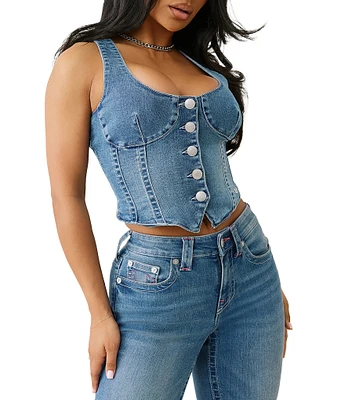 True Religion Stretch Denim Scoop Neck Button Front Corset Top