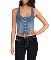 True Religion Stretch Denim Scoop Neck Button Front Corset Top