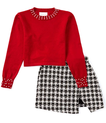 Tween Diva Big Girls 7-12 Long Sleeve Faux-Pearl-Embellished Sweater & Plaid Boucle Skort Set