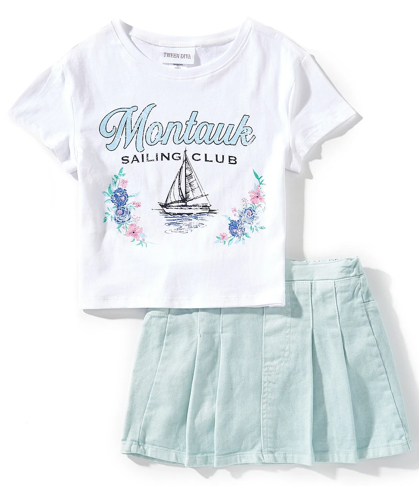 Tween Diva Big Girls 7-12 Montauk Sailing Club Graphic T-Shirt & Pleated Denim Skirt Two-Piece Set