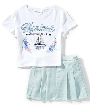 Tween Diva Big Girls 7-12 Montauk Sailing Club Graphic T-Shirt & Pleated Denim Skirt Two-Piece Set