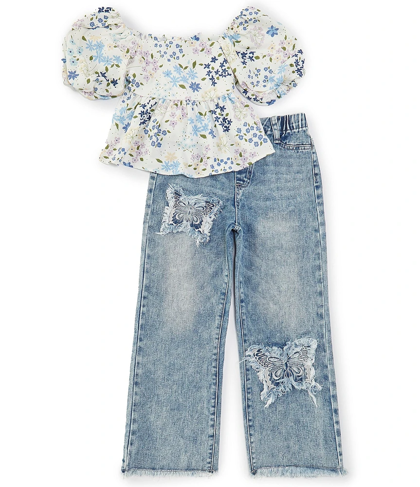 Tween Diva Big Girls 7-12 Puffed-Sleeve Floral-Printed Babydoll Top & Butterfly-Embroidered Distressed Denim Jeans Set