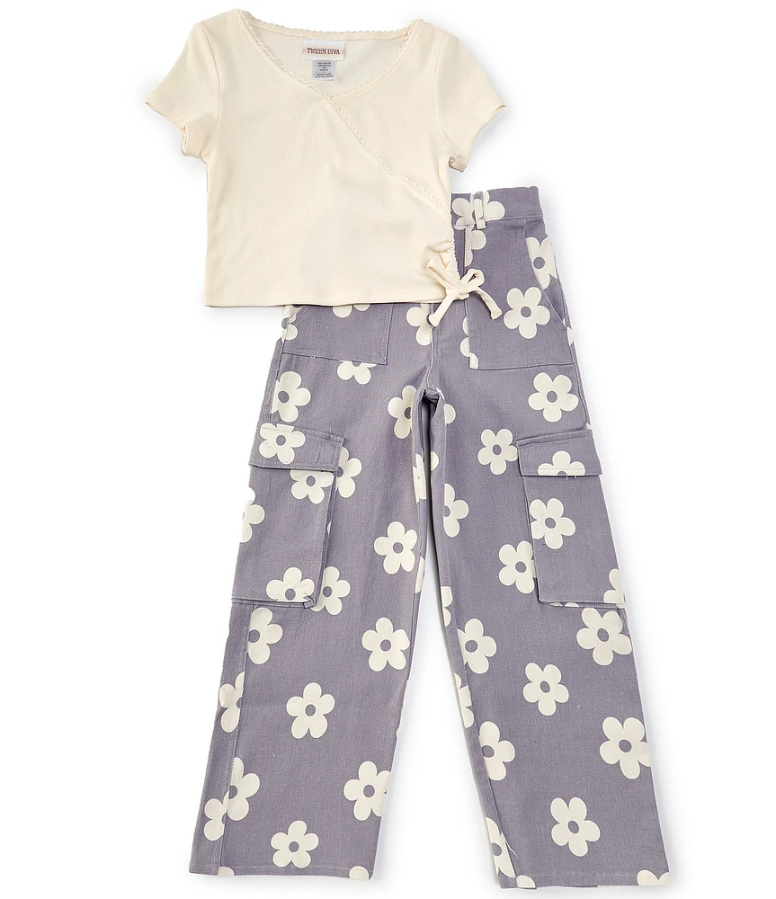 Tween Diva Big Girls 7-12 Short Sleeve Rib-Knit T-Shirt & Flower-Printed Twill Cargo Pants Set